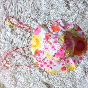 Flap Happy  6-12m UPF 50 Floppy Hat White Pink Orange Florals Tie Strings Medium